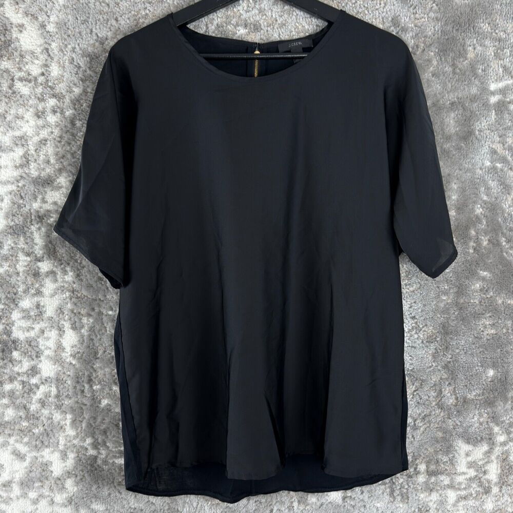 J Crew Womens Sz M Semi Sheer Round Neck Top Black Short Sleeve Zip Casual Shirt